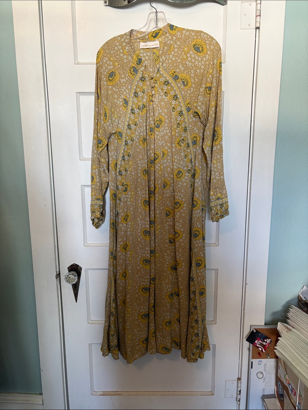 Natalie Martin Bohemian Long Sleeve Floral Maxi Dress in Mustard Yellow Size S